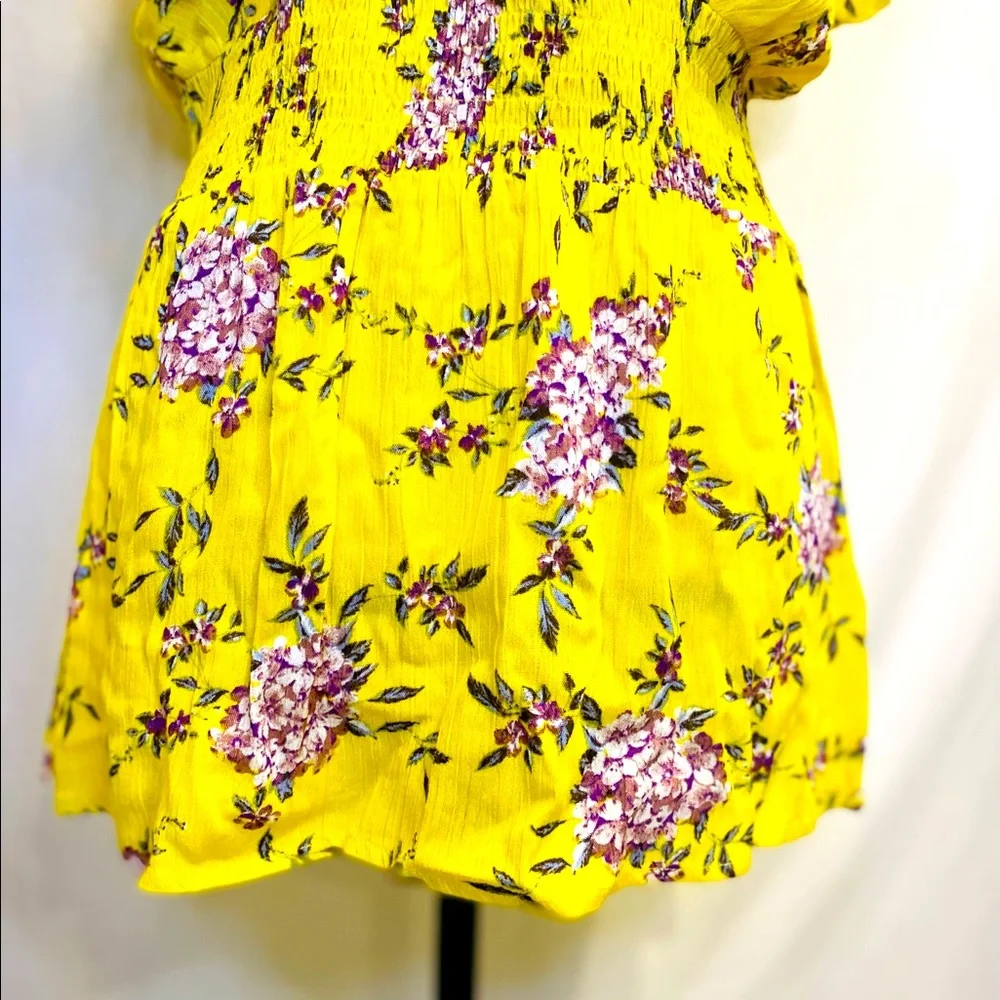 Staccato Yellow Surplice Smocked Waist Floral Print Blouse - Picture 7 of 16
